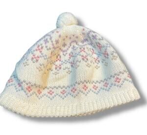 Hansen Knit Beanie Made in USA Pom Vintage Hat Apres Ski Cream Purple Retro